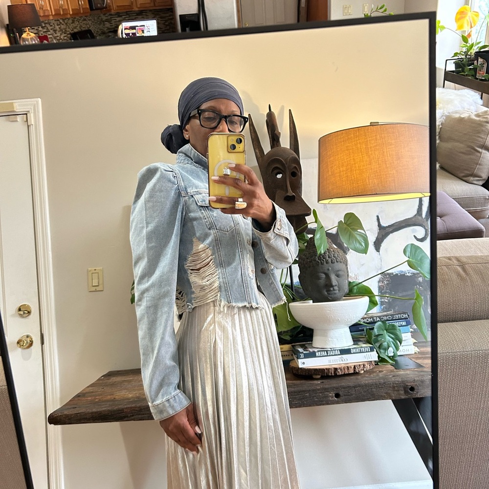 Denim jacket, distressed, puff shoulders, western wear